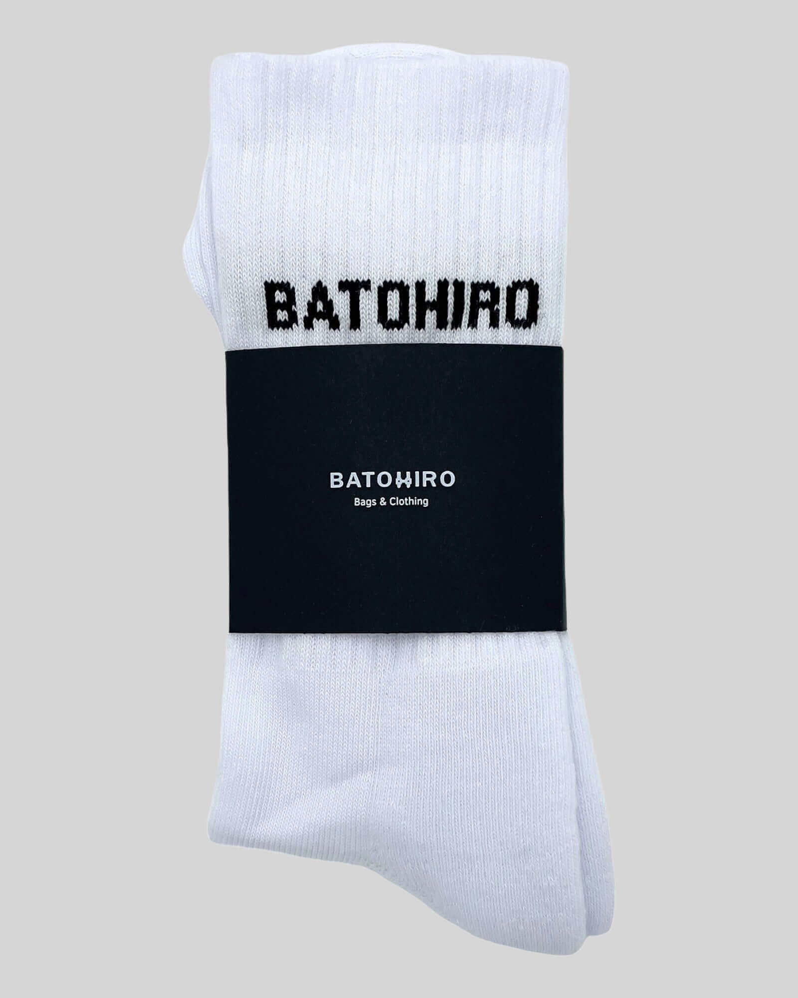Stylish white socks with Batohiro branding, perfect for adding flair to your outfit.