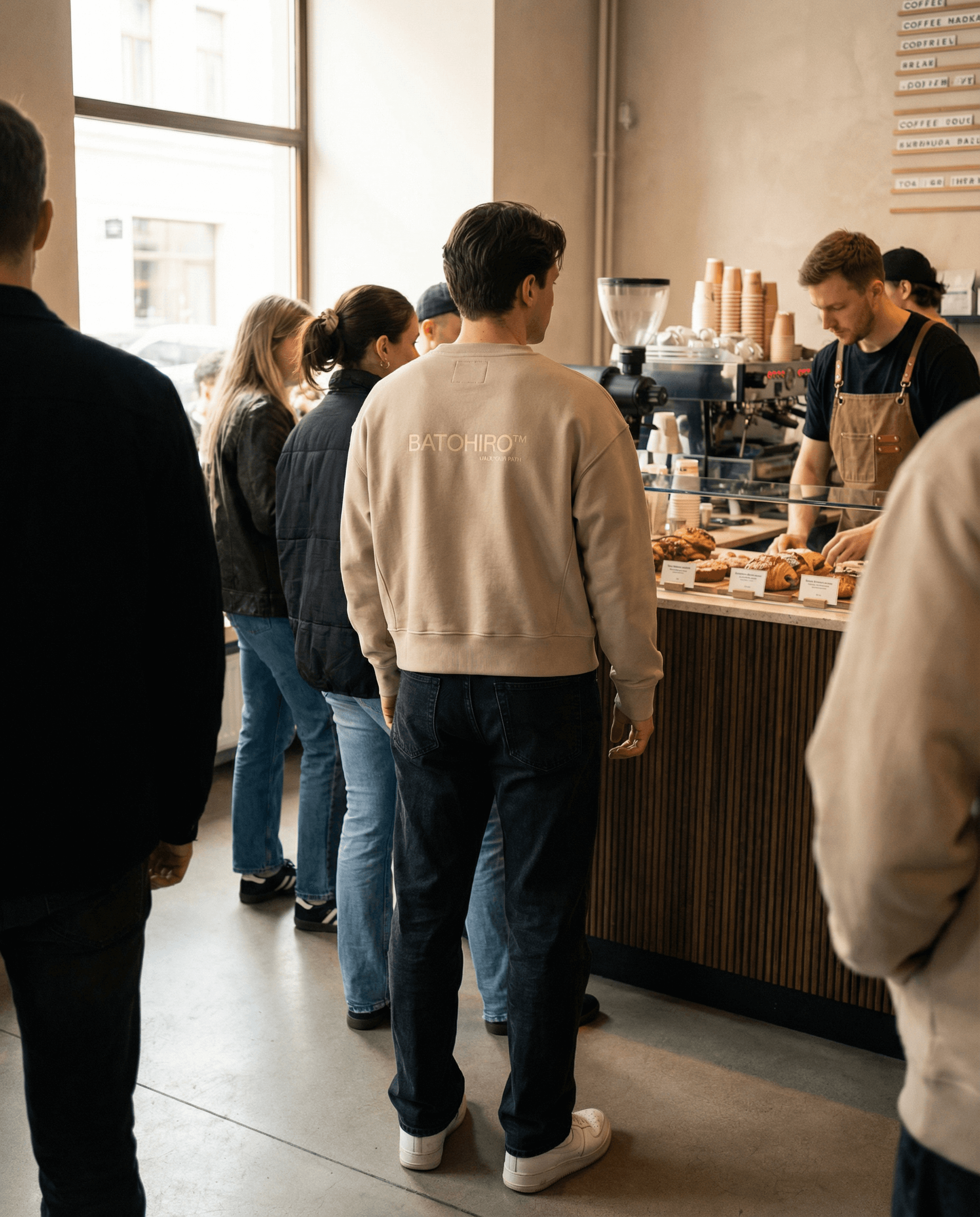 Béžová mikina crewneck Batohiro na zákazníkovi v kavárně, obklopená lidmi čekajícími na objednávku.