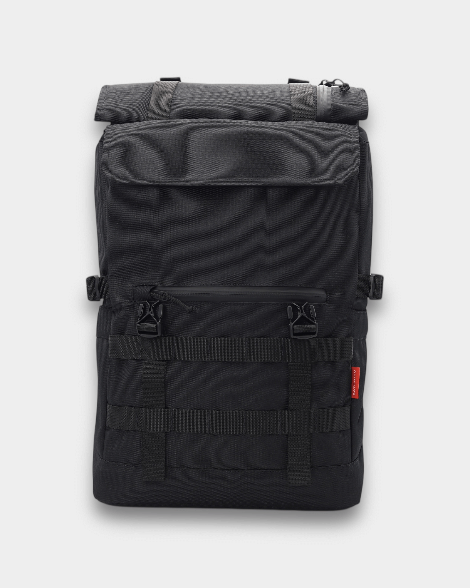 Minato Premium 6.0 – Black Knight - modern black backpack with roll-top and multiple straps.