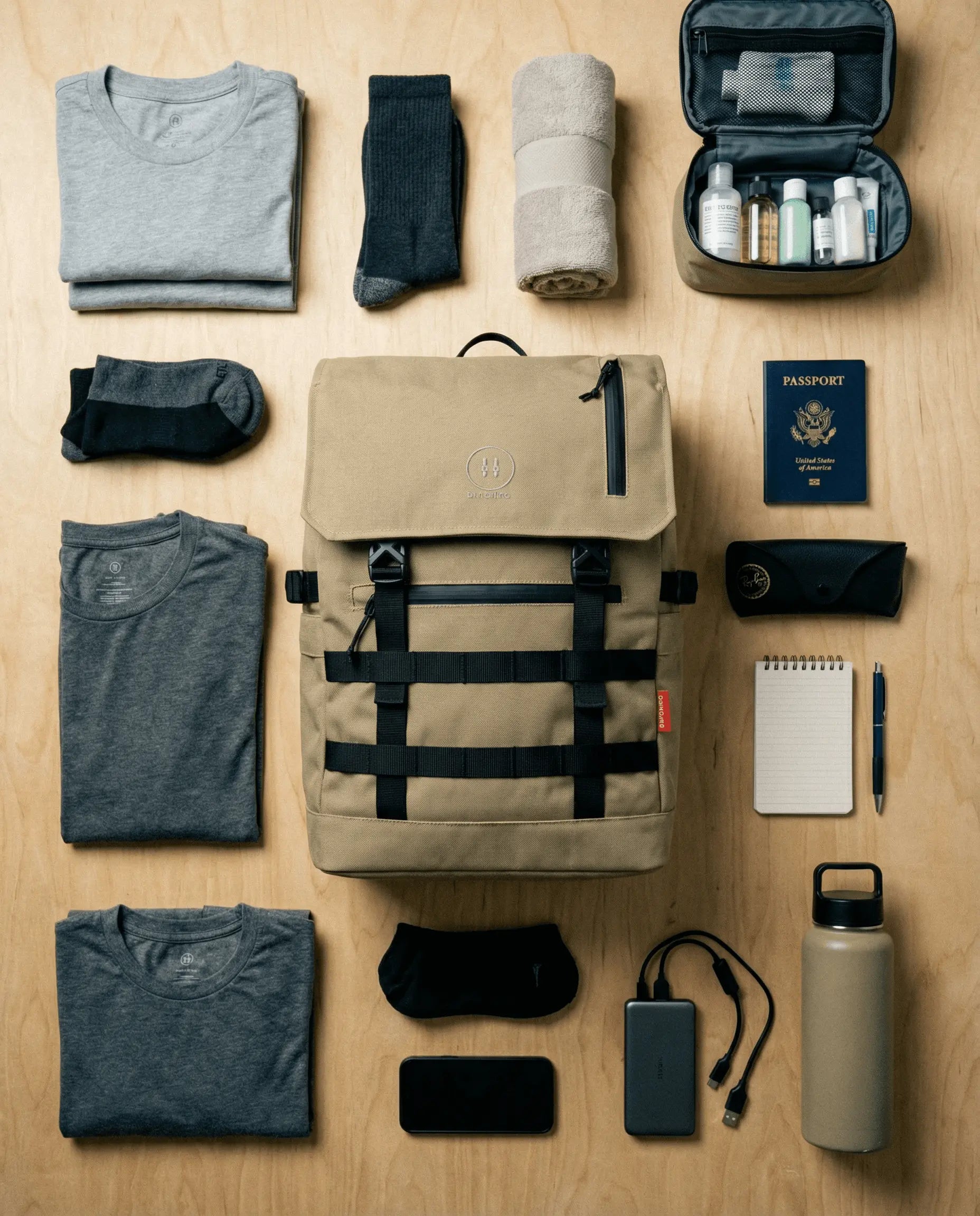 Minato Premium 6.0 – Nomad Tan backpack with travel essentials laid out.
